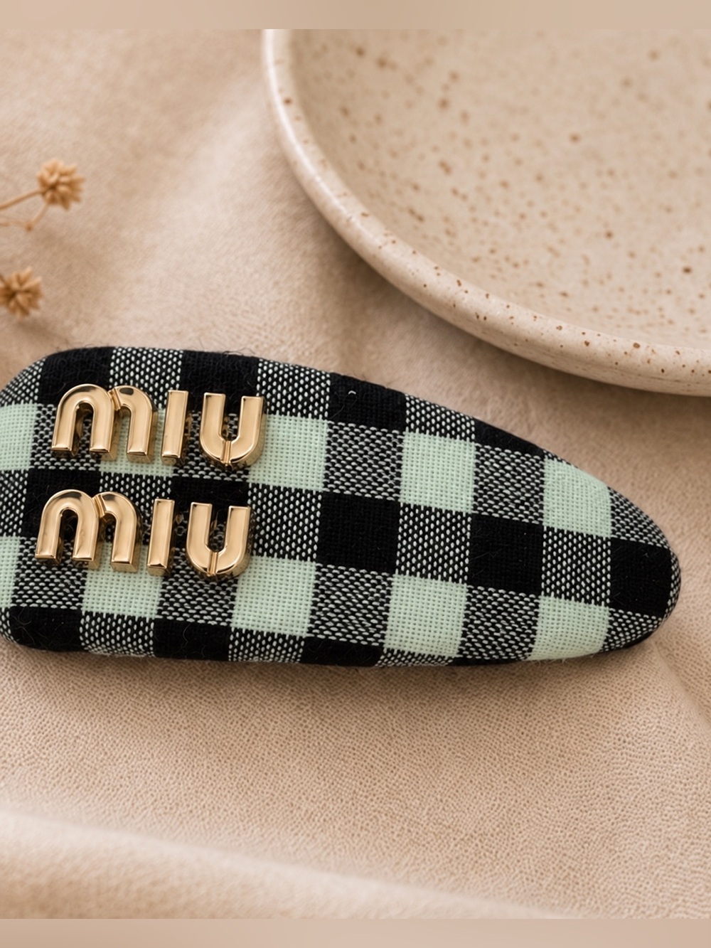 Designer Inspired Black & Mint Gingham Gold Logo Barrette